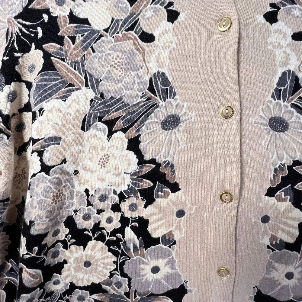 NWOT Isaac Mizrahi Live Floral Button Down Cardigan L Beige Black Womens Sweater - Picture 5 of 11